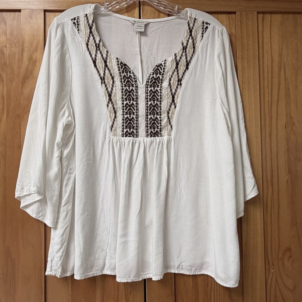 Ariat Embroidered Peasant Blouse Womens Medium Boho Lagenlook Relax Party